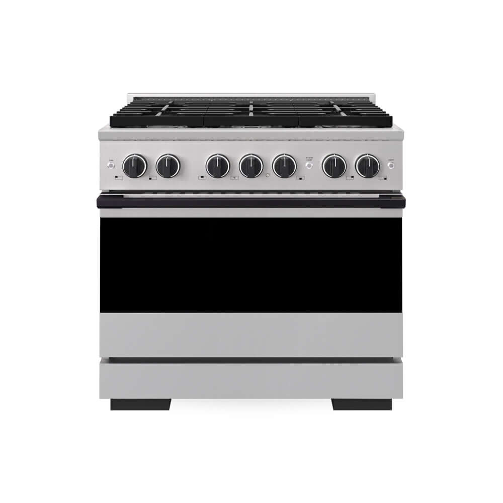 ZLINE Autograph Edition 36 in. 5.2 cu. ft. Marino Dual Fuel Range with 6 Burner Gas Cooktop and Electric Convection Oven in Stainless Steel with Matte Black Accents (MDRZ-36-MB) main image.