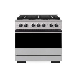 ZLINE Autograph Edition 36 in. 5.2 cu. ft. Marino Dual Fuel Range with 6 Burner Gas Cooktop and Electric Convection Oven in Stainless Steel with Matte Black Accents (MDRZ-36-MB) main image.