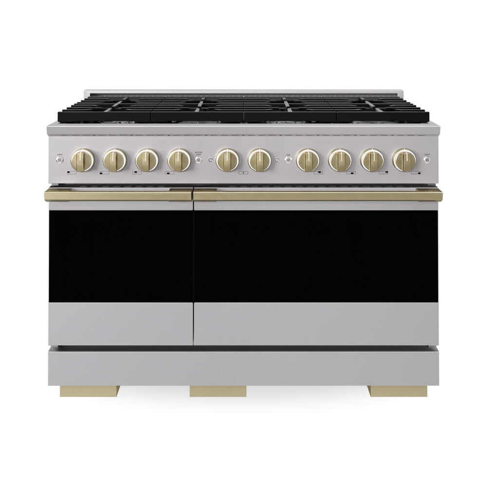 ZLINE Autograph Edition 48 in. 6.7 cu. ft. Marino Double Oven Dual Fuel Range with 8 Burner Gas Cooktop in Stainless Steel and Champagne Bronze Accents (MDRZ-48-CB) main image.