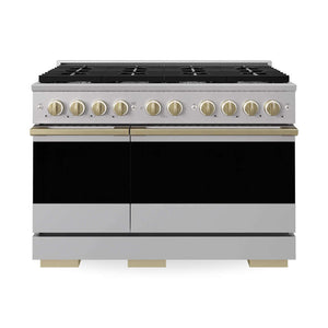 ZLINE Autograph Edition 48 in. 6.7 cu. ft. Marino Double Oven Dual Fuel Range with 8 Burner Gas Cooktop in Stainless Steel and Champagne Bronze Accents (MDRZ-48-CB) main image.