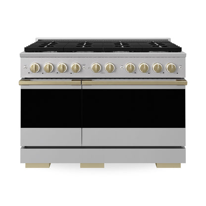 ZLINE Autograph Edition 48 in. 6.7 cu. ft. Marino Double Oven Dual Fuel Range with 8 Burner Gas Cooktop in Stainless Steel and Champagne Bronze Accents (MDRZ-48-CB)