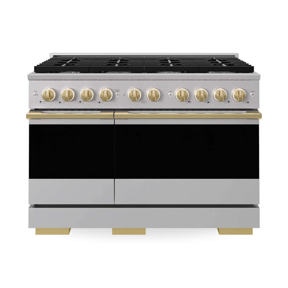 ZLINE Autograph Edition 48 in. 6.7 cu. ft. Marino Double Oven Dual Fuel Range with 8 Burner Gas Cooktop in Stainless Steel and Polished Gold Accents (MDRZ-48-G) main image.