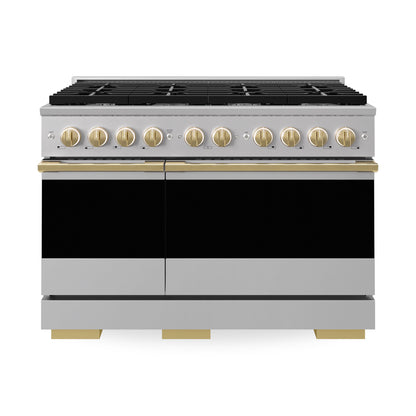 ZLINE Autograph Edition 48 in. 6.7 cu. ft. Marino Double Oven Dual Fuel Range with 8 Burner Gas Cooktop in Stainless Steel and Polished Gold Accents (MDRZ-48-G)