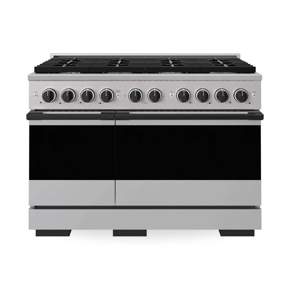 ZLINE Autograph Edition 48 in. 6.7 cu. ft. Marino Double Oven Dual Fuel Range with 8 Burner Gas Cooktop in Stainless Steel and Matte Black Accents (MDRZ-48-MB) main image.