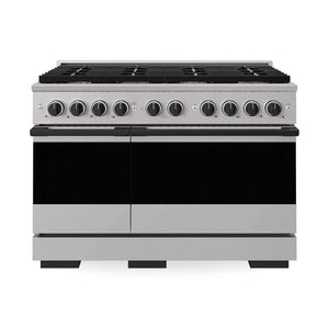 ZLINE Autograph Edition 48 in. 6.7 cu. ft. Marino Double Oven Dual Fuel Range with 8 Burner Gas Cooktop in Stainless Steel and Matte Black Accents (MDRZ-48-MB) main image.