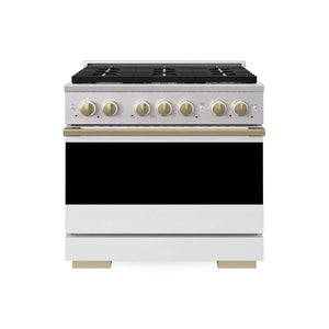 ZLINE Autograph Edition 36 in. 5.2 cu. ft. Marino Dual Fuel Range with 6 Burner Gas Cooktop and Electric Convection Oven in Stainless Steel with White Matte Door and Champagne Bronze Accents (MDRZ-WM-36-CB) main image.