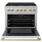 ZLINE Autograph Edition 36 in. 5.2 cu. ft. Marino Dual Fuel Range with 6 Burner Gas Cooktop and Electric Convection Oven in Stainless Steel with White Matte Door and Champagne Bronze Accents (MDRZ-WM-36-CB)