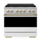 ZLINE Autograph Edition 36 in. 5.2 cu. ft. Marino Dual Fuel Range with 6 Burner Gas Cooktop and Electric Convection Oven in Stainless Steel with White Matte Door and Champagne Bronze Accents (MDRZ-WM-36-CB)