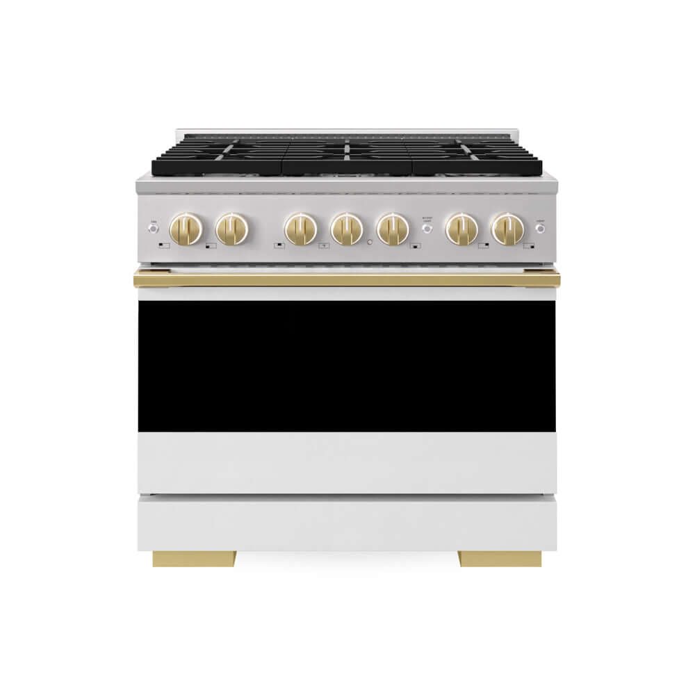 ZLINE Autograph Edition 36 in. 5.2 cu. ft. Marino Dual Fuel Range with 6 Burner Gas Cooktop and Electric Convection Oven in Stainless Steel with White Matte Door and Polished Gold Accents (MDRZ-WM-36-G) main image.