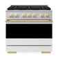 ZLINE Autograph Edition 36 in. 5.2 cu. ft. Marino Dual Fuel Range with 6 Burner Gas Cooktop and Electric Convection Oven in Stainless Steel with White Matte Door and Polished Gold Accents (MDRZ-WM-36-G)