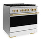 ZLINE Autograph Edition 36 in. 5.2 cu. ft. Marino Dual Fuel Range with 6 Burner Gas Cooktop and Electric Convection Oven in Stainless Steel with White Matte Door and Polished Gold Accents (MDRZ-WM-36-G)