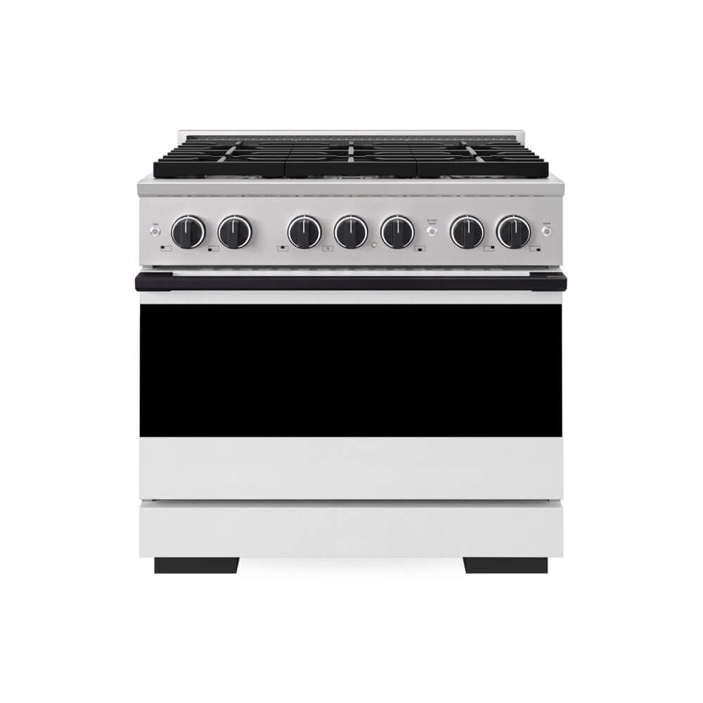 ZLINE Autograph Edition 36 in. 5.2 cu. ft. Marino Dual Fuel Range with 6 Burner Gas Cooktop and Electric Convection Oven in Stainless Steel with White Matte Door and Matte Black Accents (MDRZ-WM-36-MB) main image.