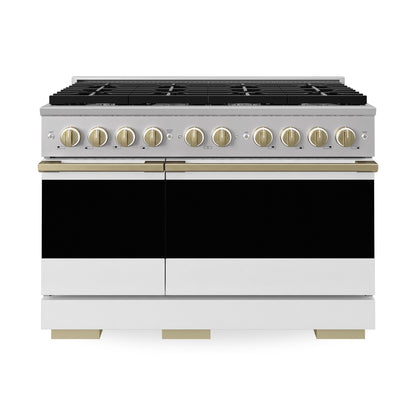 ZLINE Autograph Edition 48 in. 6.7 cu. ft. Marino Double Oven Dual Fuel Range with 8 Burner Gas Cooktop in Stainless Steel with White Matte Doors and Champagne Bronze Accents (MDRZ-WM-48-CB)
