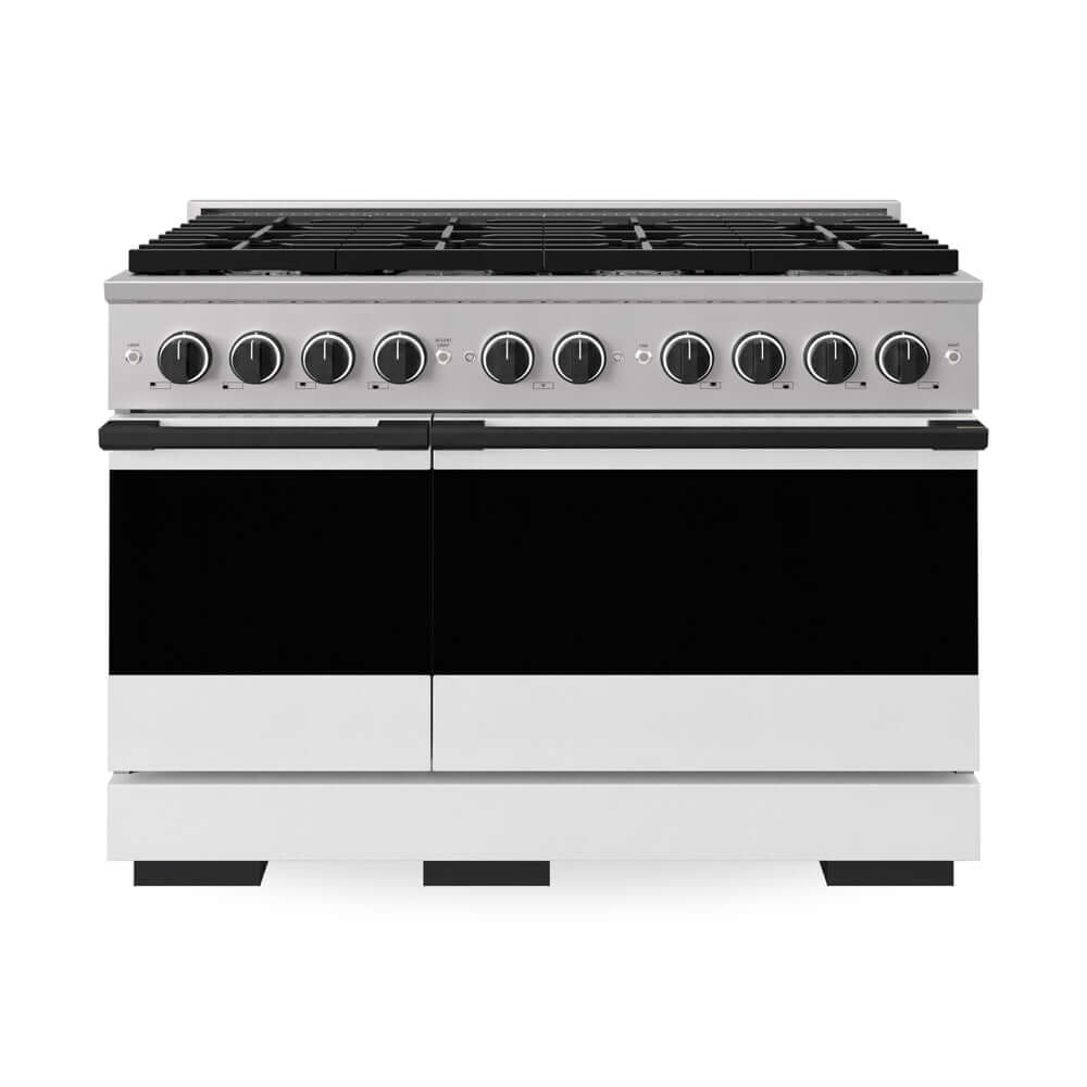 ZLINE Autograph Edition 48 in. 6.7 cu. ft. Marino Double Oven Dual Fuel Range with 8 Burner Gas Cooktop in Stainless Steel with White Matte Door and Matte Black Accents (MDRZ-WM-48-MB) main image.