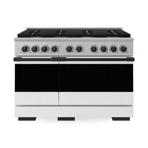 ZLINE Autograph Edition 48 in. 6.7 cu. ft. Marino Double Oven Dual Fuel Range with 8 Burner Gas Cooktop in Stainless Steel with White Matte Door and Matte Black Accents (MDRZ-WM-48-MB) main image.