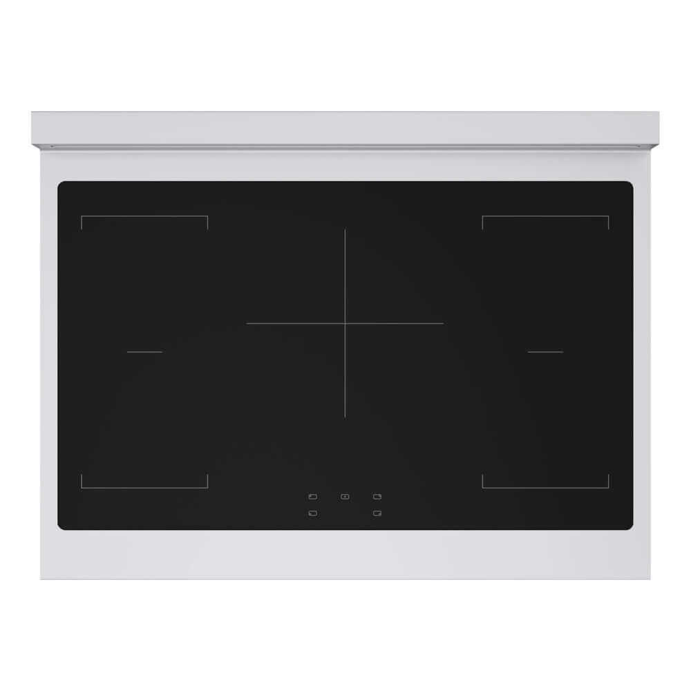 ZLINE Autograph Edition 36 in. 5.2 cu. ft. Marino Induction Range with 5 Element Cooktop and Electric Convection Oven in Stainless Steel with White Matte Door and Polished Gold Accents (MINRZ-WM-36-G) top-down, above cooking surface.