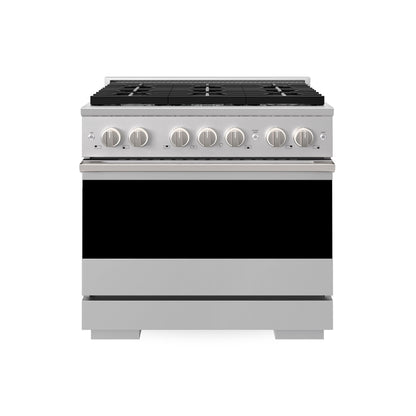 ZLINE 36 in. 5.2 cu. ft. Marino Dual Fuel Range with Gas Cooktop and Electric Convection Oven in Stainless Steel with 6 Brass Burners (MDR-BR-36) main image.
