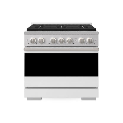 ZLINE 36 in. 5.2 cu. ft. Marino Dual Fuel Range with 6 Burner Gas Cooktop and Electric Convection Oven in Stainless Steel with White Matte Door (MDR-WM-36) main image.