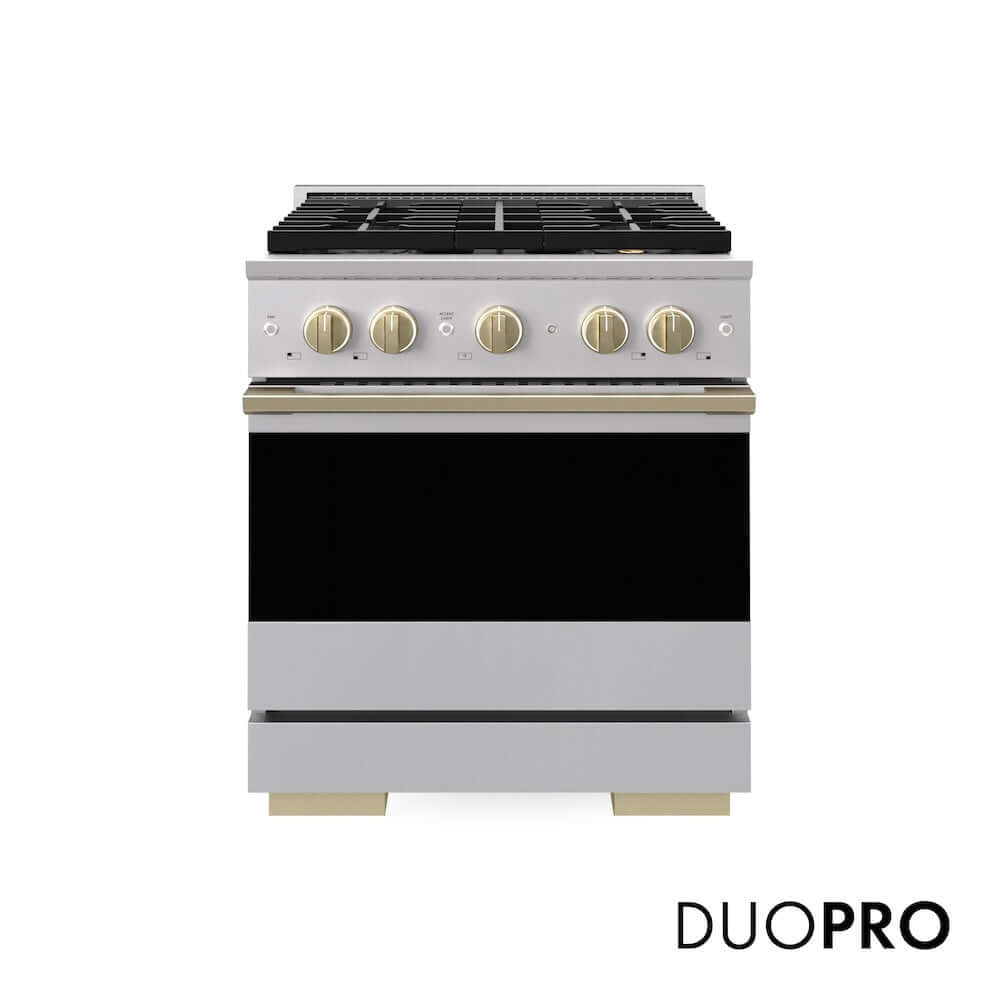 ZLINE Autograph Edition 30 in. 4.2 cu. ft. Marino Dual Fuel Range with 4 Burner DuoPro™ Cooktop and Electric Convection Oven in Stainless Steel with Champagne Bronze Accents (PMDRZ-30-CB)