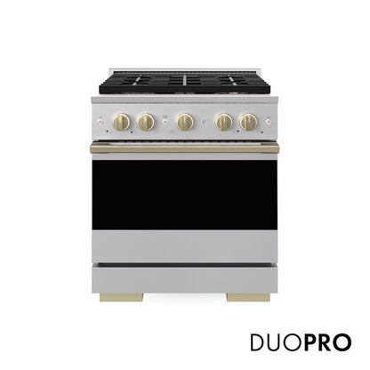 ZLINE Autograph Edition 30 in. 4.2 cu. ft. Marino Dual Fuel Range with 4 Burner DuoPro™ Cooktop and Electric Convection Oven in Stainless Steel with Champagne Bronze Accents (PMDRZ-30-CB)