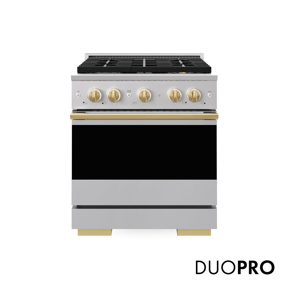 ZLINE Autograph Edition 30 in. 4.2 cu. ft. Marino Dual Fuel Range with 4 Burner DuoPro™ Cooktop and Electric Convection Oven in Stainless Steel with Polished Gold Accents (PMDRZ-30-G) main image.
