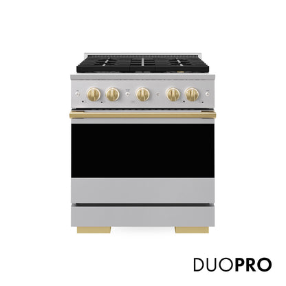 ZLINE Autograph Edition 30 in. 4.2 cu. ft. Marino Dual Fuel Range with 4 Burner DuoPro™ Cooktop and Electric Convection Oven in Stainless Steel with Polished Gold Accents (PMDRZ-30-G)