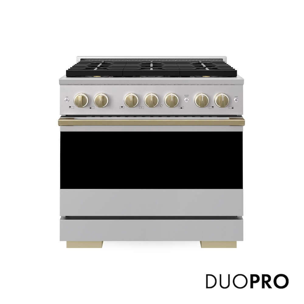 ZLINE Autograph Edition 36 in. 5.2 cu. ft. Marino Dual Fuel Range with 6 Burner DuoPro™ Cooktop and Electric Convection Oven in Stainless Steel and Champagne Bronze Accents (PMDRZ-36-CB)