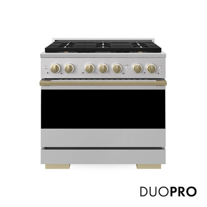 ZLINE Autograph Edition 36 in. 5.2 cu. ft. Marino Dual Fuel Range with 6 Burner DuoPro™ Cooktop and Electric Convection Oven in Stainless Steel and Champagne Bronze Accents (PMDRZ-36-CB)
