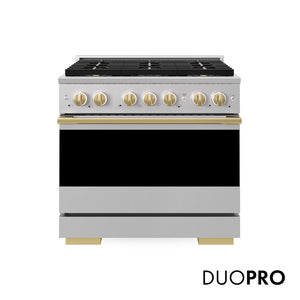 ZLINE Autograph Edition 36 in. 5.2 cu. ft. Marino Dual Fuel Range with 6 Burner DuoPro™ Cooktop and Electric Convection Oven in Stainless Steel and Polished Gold Accents (PMDRZ-36-G) main image.