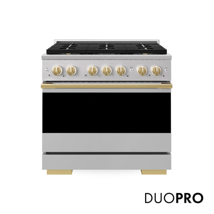 ZLINE Autograph Edition 36 in. 5.2 cu. ft. Marino Dual Fuel Range with 6 Burner DuoPro™ Cooktop and Electric Convection Oven in Stainless Steel and Polished Gold Accents (PMDRZ-36-G)