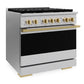 ZLINE Autograph Edition 36 in. 5.2 cu. ft. Marino Dual Fuel Range with 6 Burner DuoPro™ Cooktop and Electric Convection Oven in Stainless Steel and Polished Gold Accents (PMDRZ-36-G)