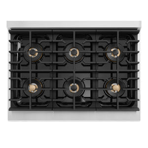 ZLINE Autograph Edition 36 in. 5.2 cu. ft. Marino Dual Fuel Range with 6 Burner DuoPro™ Cooktop and Electric Convection Oven in Stainless Steel and Polished Gold Accents (PMDRZ-36-G) top-down, above cooking surface.