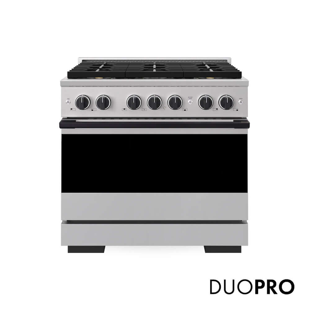 ZLINE Autograph Edition 36 in. 5.2 cu. ft. Marino Dual Fuel Range with 6 Burner DuoPro™ Cooktop and Electric Convection Oven in Stainless Steel and Matte Black Accents (PMDRZ-36-MB) main image.