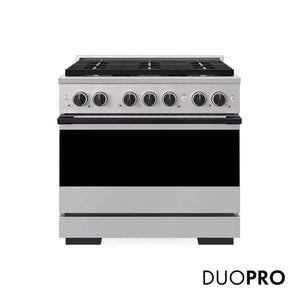 ZLINE Autograph Edition 36 in. 5.2 cu. ft. Marino Dual Fuel Range with 6 Burner DuoPro™ Cooktop and Electric Convection Oven in Stainless Steel and Matte Black Accents (PMDRZ-36-MB) main image.