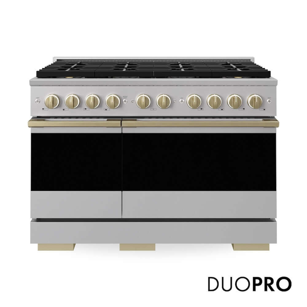 ZLINE Autograph Edition 48 in. 6.7 cu. ft. Marino Dual Fuel Range with 8 Burner DuoPro™ Cooktop and Dual Ovens in Stainless Steel and Champagne Bronze Accents (PMDRZ-48-CB)