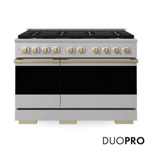 ZLINE Autograph Edition 48 in. 6.7 cu. ft. Marino Dual Fuel Range with 8 Burner DuoPro™ Cooktop and Dual Ovens in Stainless Steel and Champagne Bronze Accents (PMDRZ-48-CB)