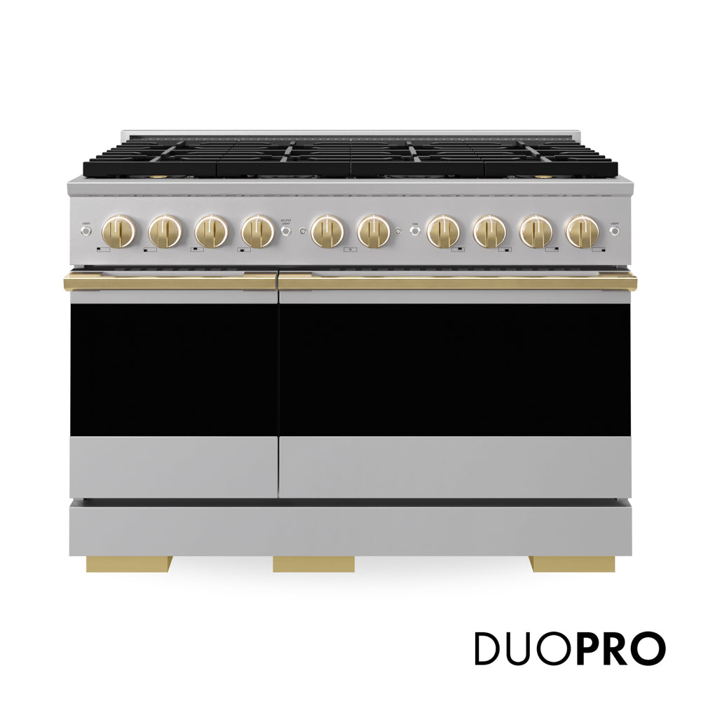 ZLINE Autograph Edition 48 in. 6.7 cu. ft. Marino Dual Fuel Range with 8 Burner DuoPro™ Cooktop and Dual Ovens in Stainless Steel and Polished Gold Accents (PMDRZ-48-G) main image.