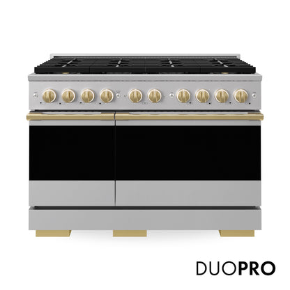 ZLINE Autograph Edition 48 in. 6.7 cu. ft. Marino Dual Fuel Range with 8 Burner DuoPro™ Cooktop and Dual Ovens in Stainless Steel and Polished Gold Accents (PMDRZ-48-G)
