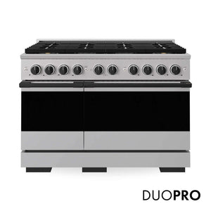 ZLINE Autograph Edition 48 in. 6.7 cu. ft. Marino Dual Fuel Range with 8 Burner DuoPro™ Cooktop and Dual Ovens in Stainless Steel and Matte Black Accents (PMDRZ-48-MB) main image.