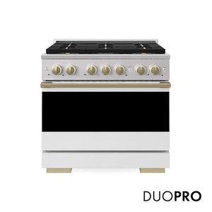 ZLINE Autograph Edition 36 in. 5.2 cu. ft. Marino Dual Fuel Range with 6 Burner DuoPro™ Cooktop and Electric Convection Oven with White Matte Door and Champagne Bronze Accents (PMDRZ-WM-36-CB)
