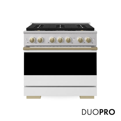 ZLINE Autograph Edition 36 in. 5.2 cu. ft. Marino Dual Fuel Range with 6 Burner DuoPro™ Cooktop and Electric Convection Oven with White Matte Door and Champagne Bronze Accents (PMDRZ-WM-36-CB)