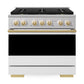 ZLINE Autograph Edition 36 in. 5.2 cu. ft. Marino Dual Fuel Range with 6 Burner DuoPro™ Cooktop and Electric Convection Oven with White Matte Door and Polished Gold Accents (PMDRZ-WM-36-G)
