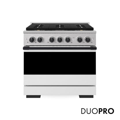 ZLINE Autograph Edition 36 in. 5.2 cu. ft. Marino Dual Fuel Range with 6 Burner DuoPro™ Cooktop and Electric Convection Oven with White Matte Door and Matte Black Accents (PMDRZ-WM-36-MB)