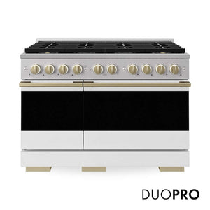 ZLINE Autograph Edition 48 in. 6.7 cu. ft. Marino Dual Fuel Range with 8 Burner DuoPro™ Cooktop and Dual Ovens with White Matte Doors and Champagne Bronze Accents (PMDRZ-WM-48-CB)