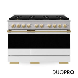 ZLINE Autograph Edition 48 in. 6.7 cu. ft. Marino Dual Fuel Range with 8 Burner DuoPro™ Cooktop and Dual Ovens with White Matte Doors and Polished Gold Accents (PMDRZ-WM-48-G)