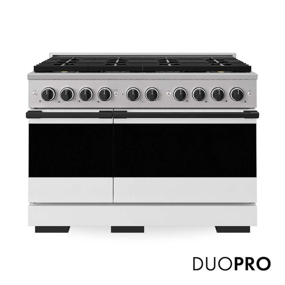 ZLINE Autograph Edition 48 in. 6.7 cu. ft. Marino Dual Fuel Range with 8 Burner DuoPro™ Cooktop and Dual Ovens with White Matte Doors and Matte Black Accents (PMDRZ-WM-48-MB)