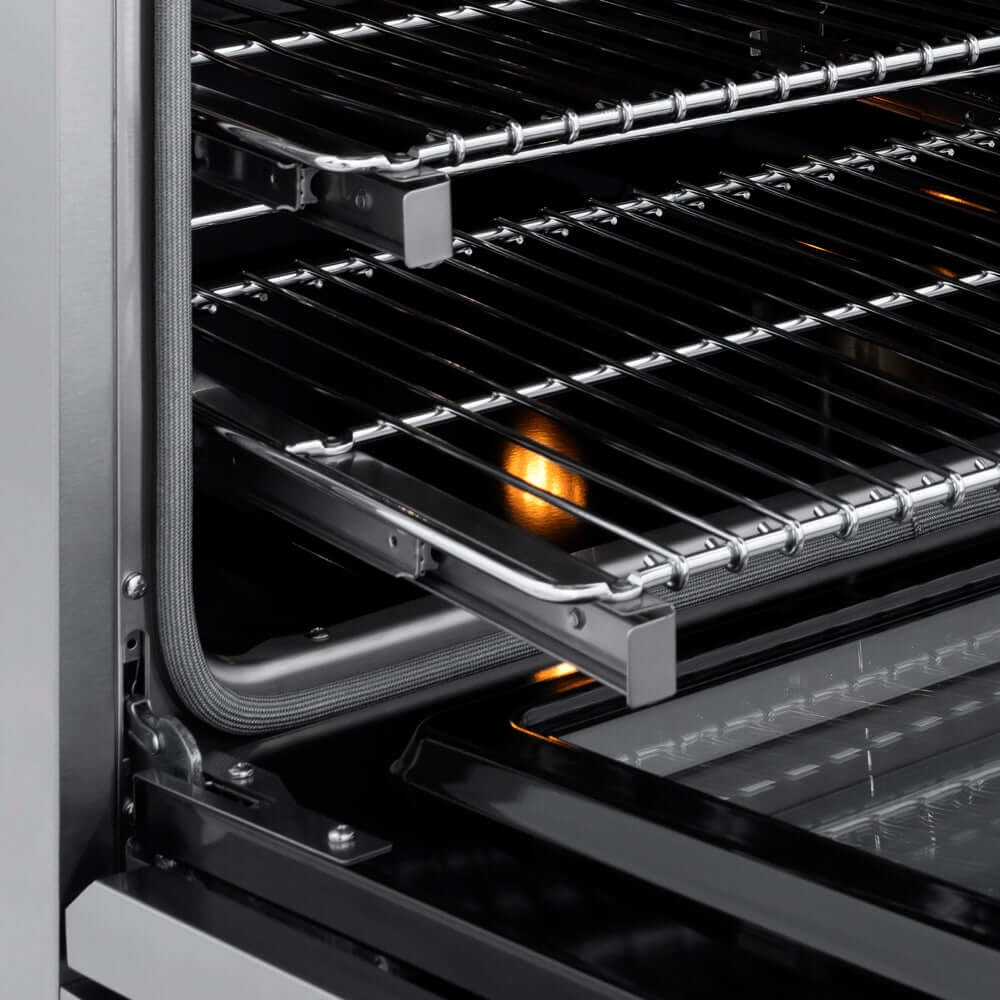 ZLINE 30 in. 4.2 cu. ft. Marino Induction Range with 4 Element Cooktop and Electric Convection Oven in Stainless Steel (MINR30), close-up, adjustable racks from side.