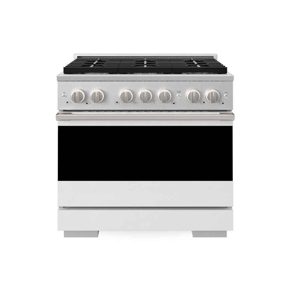 ZLINE 36 in. 5.2 cu. ft. Marino Gas Range with 6 Burner Cooktop and Convection Gas Oven in Stainless Steel with White Matte Door (MGR-WM-36) main image.