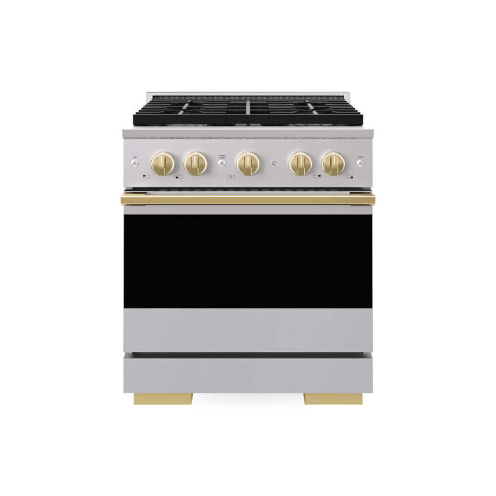 ZLINE Autograph Edition 30 in. 4.2 cu. ft. Marino Gas Range with 4 Burner Cooktop and Convection Gas Oven in Stainless Steel and Polished Gold Accents (MGRZ-30-G) main image.