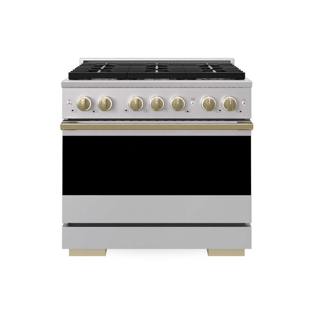 ZLINE Autograph Edition 36 in. 5.2 cu. ft. Marino Gas Range with 6 Burner Cooktop and Convection Gas Oven in Stainless Steel and Champagne Bronze Accents (MGRZ-36-CB) main image.